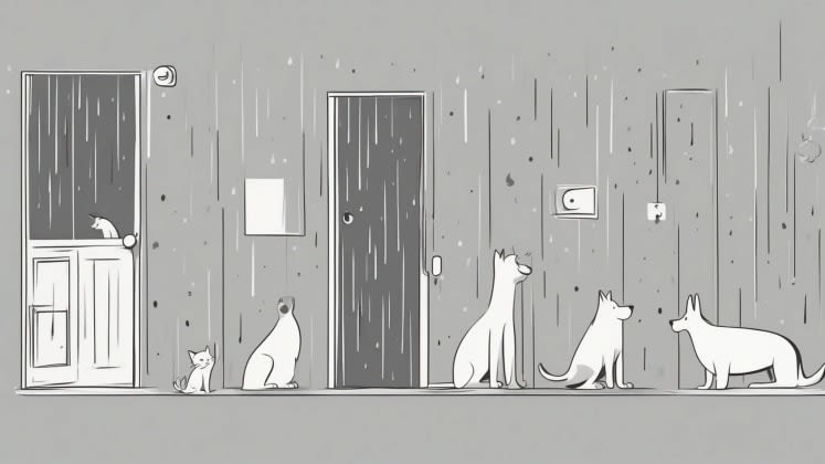 Rain behavior patterns: A series of icons depicting different pet reactions to rain, such as a dog refusing to go outside, a cat hiding under a blanket, and a rabbit staying dry in its hutch.