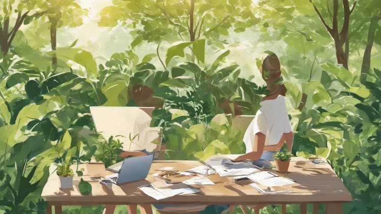 Sunny day productivity guide: A person working outdoors in a sunlit garden, showcasing optimal posture and focus.