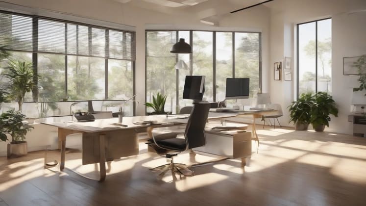 Light optimization methods: An office space with adjustable blinds and strategically placed lamps, demonstrating optimal lighting control.