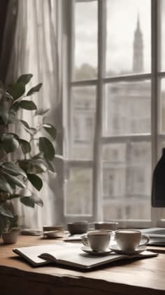 Rain productivity techniques: A cozy indoor workspace with soft lighting, a cup of tea, and a view of the rain outside, promoting a calm and focused atmosphere.