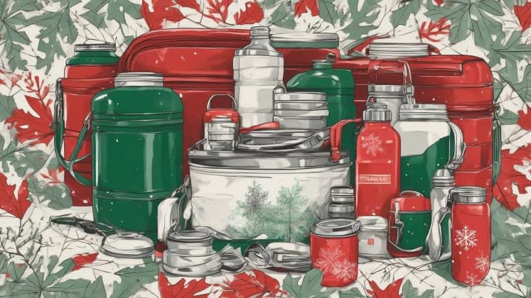 Winter food storage: An image illustrating methods for winter food storage, such as insulated containers and travel thermoses, to maintain the warmth of food during cold weather trips.