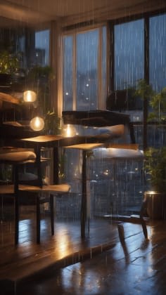 Combined ASMR effects: A person sitting in a cozy room, watching a rain scene on a large screen with ambient lighting, while listening to rain sounds through high-quality headphones. The visualization captures the immersive nature of combined ASMR experiences.