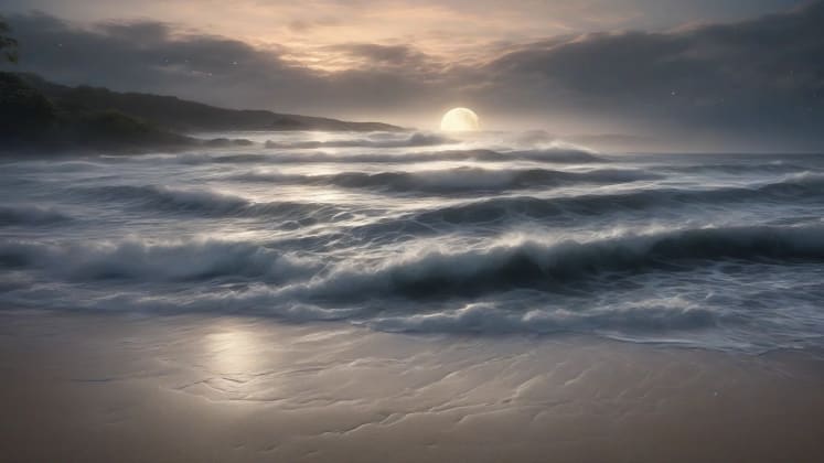 Ocean sleep sounds: A visual representation of different ocean wave patterns (gentle waves, surf sounds, distant waves, rolling sea) and their impact on sleep quality. The image could include sound wave visualizations and brainwave activity patterns associated with each type of wave sound.