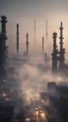 Smog formation process visualization: A visual representation of the smog formation process, showing the emission of pollutants from vehicles and industrial sources, their interaction with sunlight, and the resulting formation of smog.