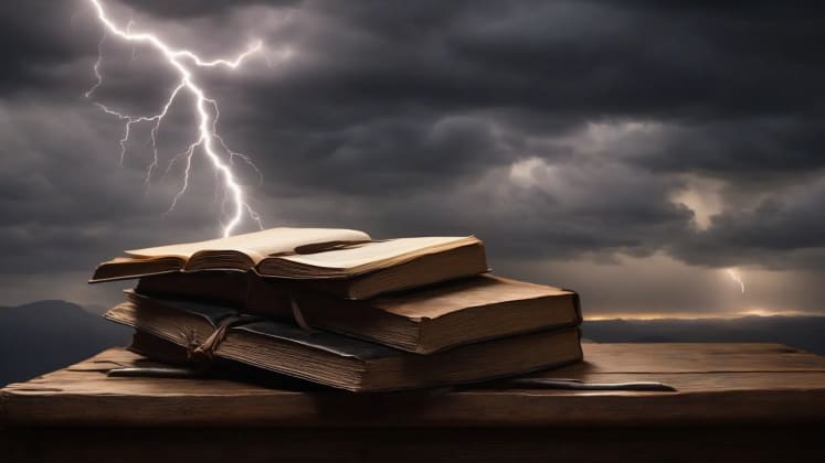 Open book with a lightning bolt striking it, symbolizing the use of weather as a literary device in literature