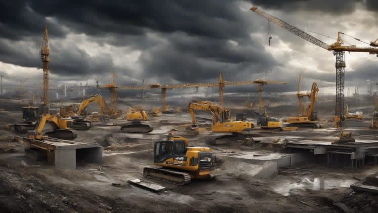 Weather impact on construction site visualization: A bustling construction site under a stormy sky, symbolizing the challenges weather imposes on building projects.
