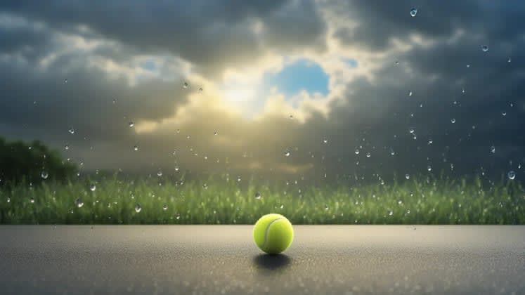 Tennis ball weather effects visualization: A dynamic image showing a tennis ball reacting differently in various weather conditions (sun, rain, wind).