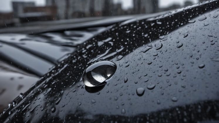 Environmental impact analysis: A visual representation of the environmental factors affecting a car's exterior, including air pollution, acid rain, and UV rays.