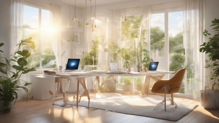 Weather productivity optimization visualization: A person joyfully working on a laptop with animated weather icons (sun, rain, snow) subtly integrated into the background.
