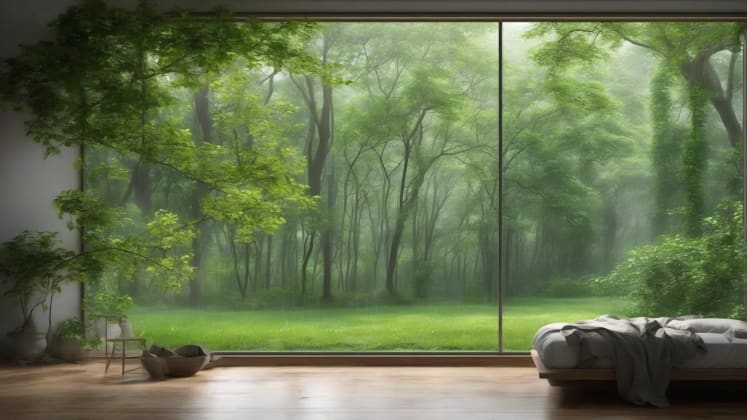 Weather ASMR experience visualization: A person peacefully listening to rain through headphones, bathed in soft, ambient light.