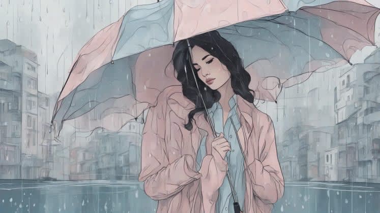 Rain hair protection: A woman holding an umbrella, protecting her styled hair from the rain.