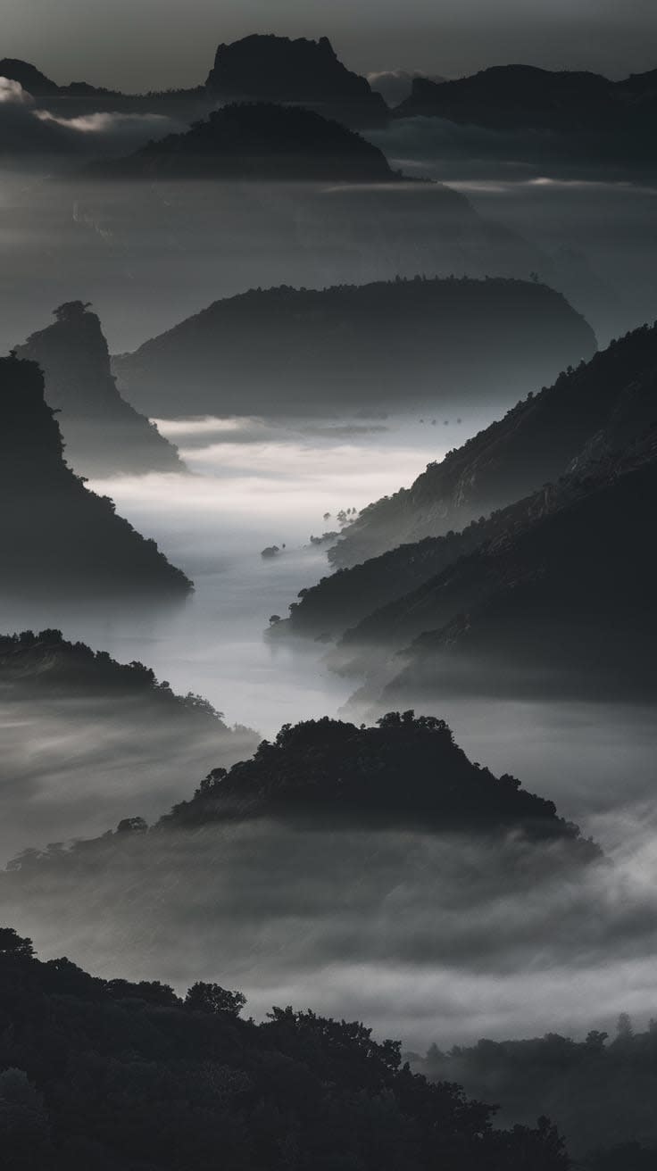 Misty Peak, mountains, fog, mist, calm, serene, peaceful, nature, landscape, minimalist
