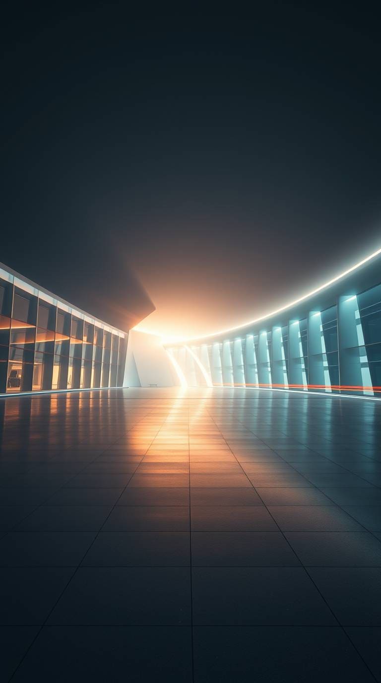 Light Corridor, futuristic, neon, orange, blue, architecture, minimal, sleek, modern, geometric