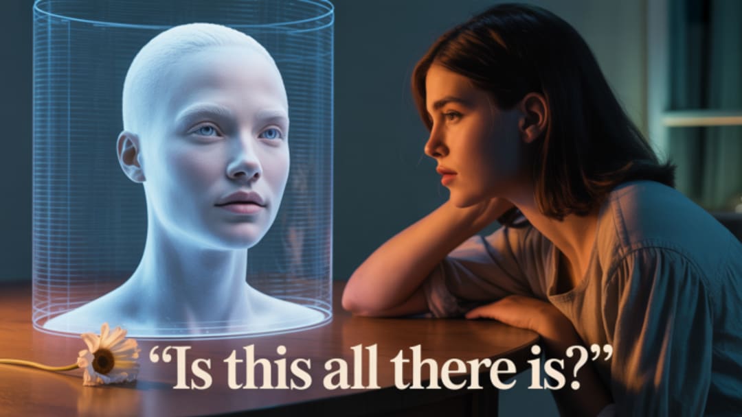 a woman looking at a digital hologram AI