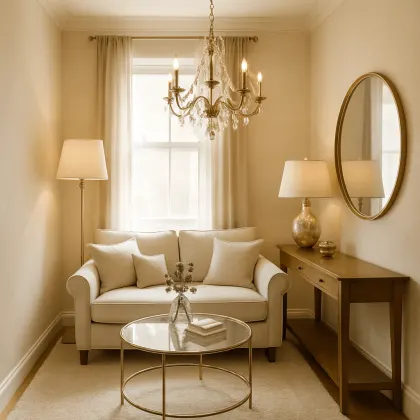 A cozy small living room bathed in natural light with light-colored walls, layered lighting fixtures including a floor lamp and chandelier, and reflective glass and metallic decorative elements. Alt: Small living room visually expanded through strategic use of light and color.