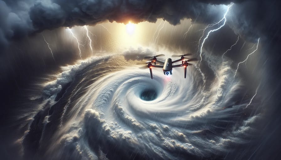 Drone flying into hurricane