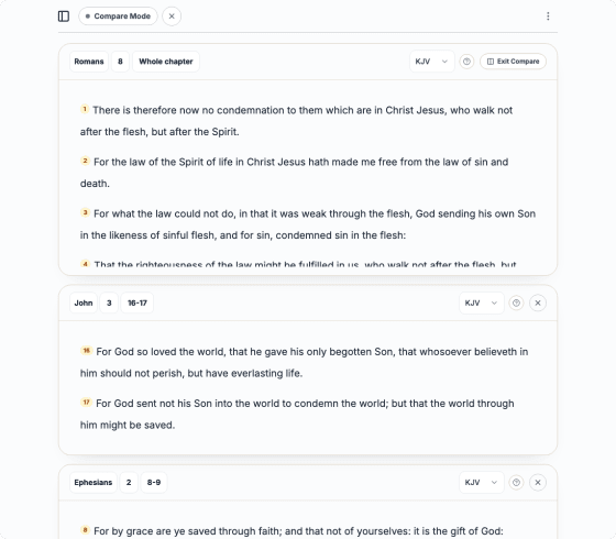 Compare Mode showing Romans 8, John 3, and Ephesians 2 side by side
