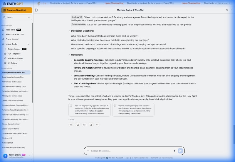 FaithGPT génère un guide de conseil matrimonial de 6 semaines