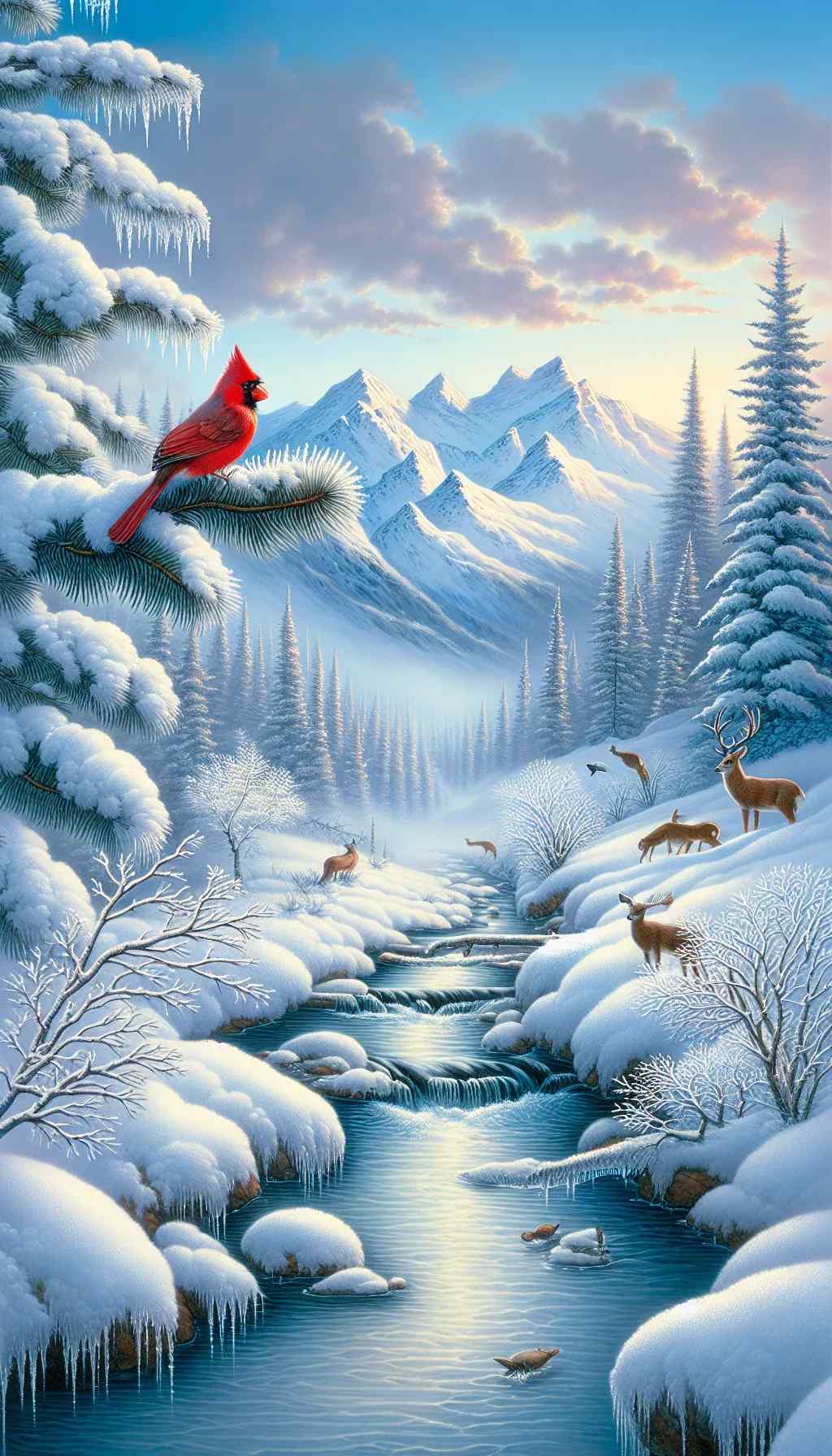 Winter Wildlife Wallpaper, winter, wildlife, deer, birds, snowy, woods, frosty, branches, serene, beautiful, wallpaper