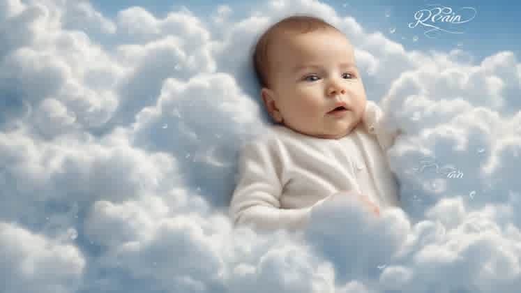 Image of a baby with the name "Rain" written in the sky above them