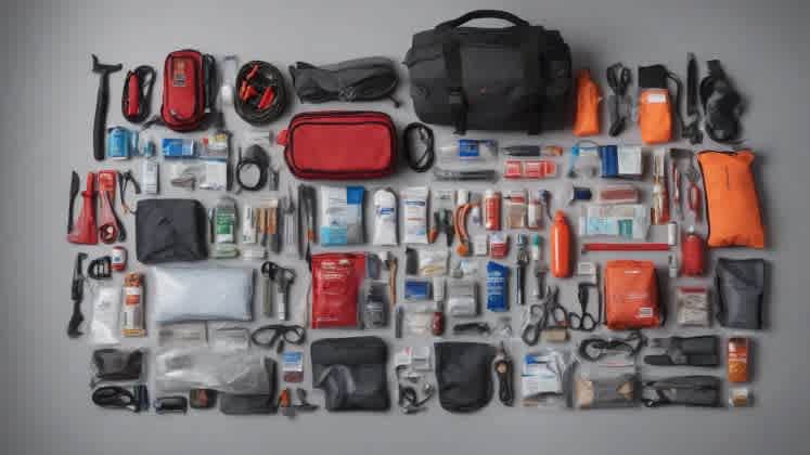 Winter car survival kit items laid out systematically