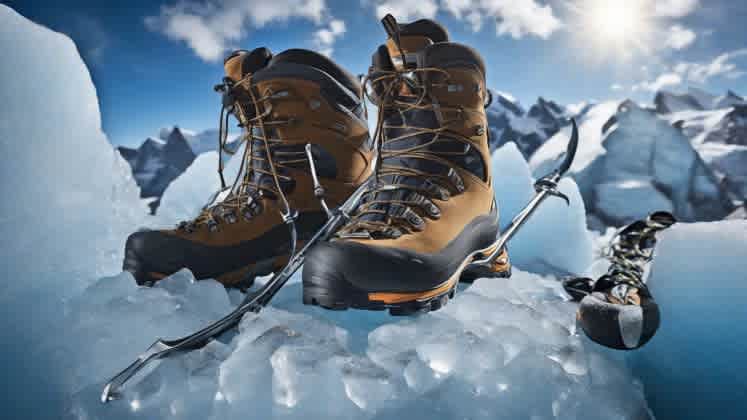 Glacier trekking gear including ice axe, crampons, and insulated clothing