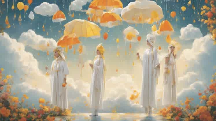 People dressed in weather-themed costumes at a party, representing weather in social activities and entertainment events