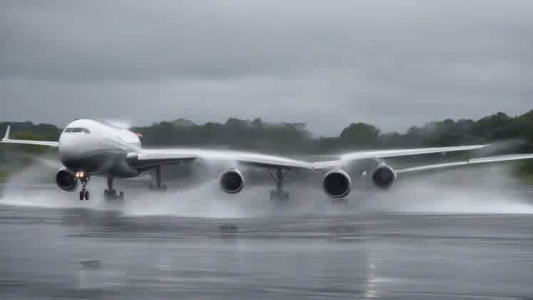 Weather impact during takeoff phase, showing examples of how crosswinds, low visibility, and precipitation can affect takeoff. The image should illustrate the challenges pilots face during takeoff in adverse weather.