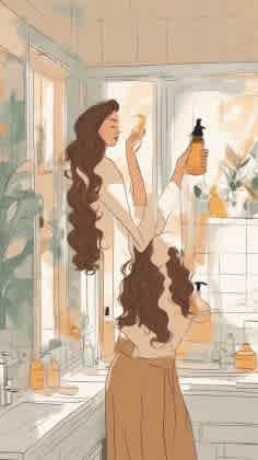 Woman applying anti-frizz serum to her hair