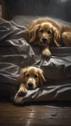 A dog hiding under a bed during a thunderstorm