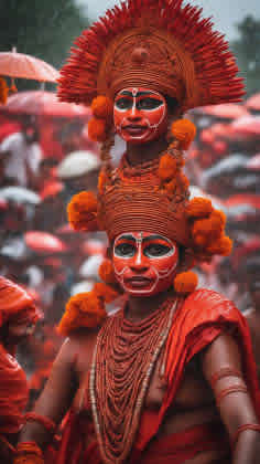 People celebrating a festival during the rainy season in Kerala, India