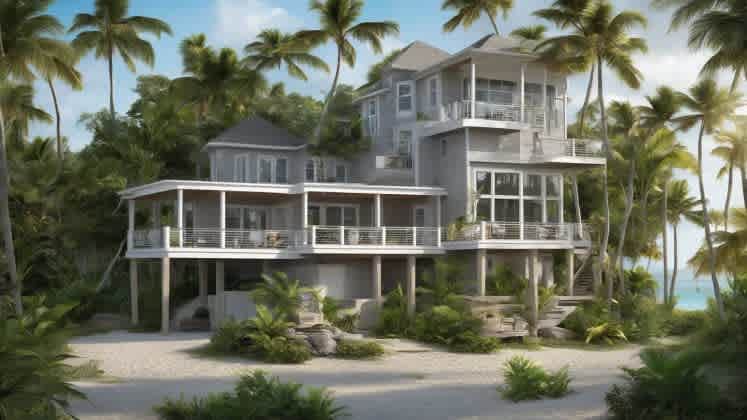 Modern coastal home with hurricane preparations visible