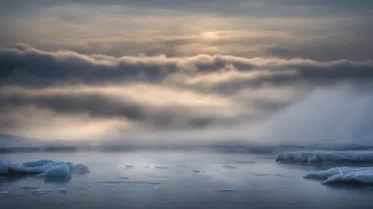 Environmental influence on steam fog: A depiction of various environmental factors influencing steam fog, including water conditions, atmospheric conditions, and geographic location.