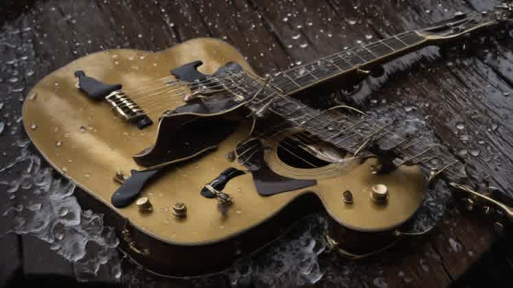 Musical instruments with raindrops falling on them, representing the connection between weather and music