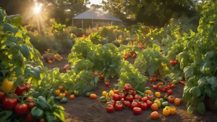 A bountiful garden with various plants and vegetables