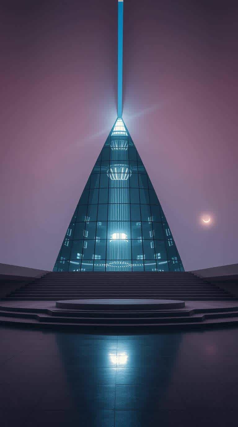 Entrada angular, futurista, neón, azul, arquitectura, minimalista, elegante, moderna, geométrica, angular