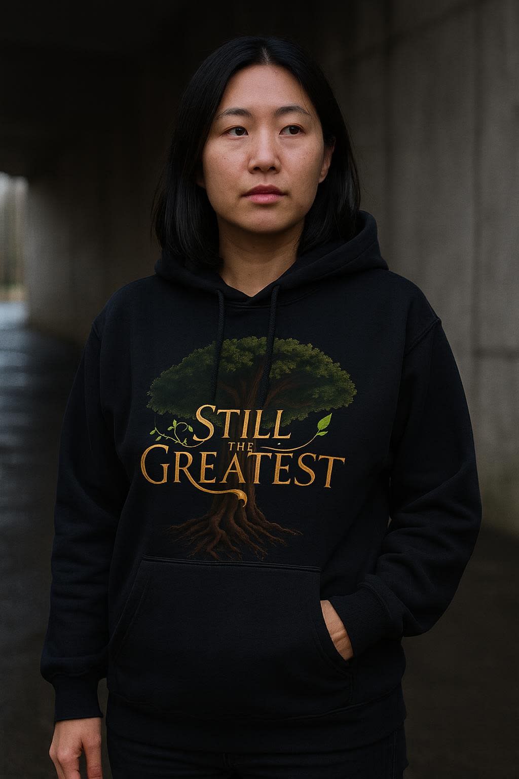 STILL THE GREATEST worn on the college hoodie, front view