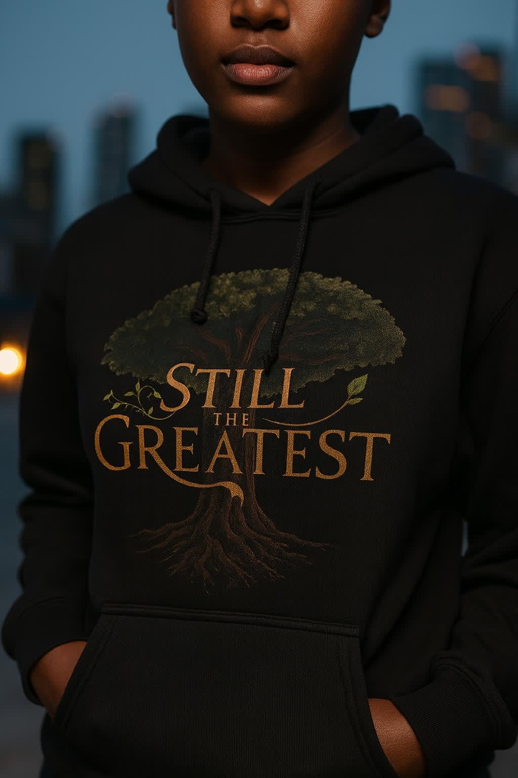 STILL THE GREATEST worn on the college hoodie, detail view
