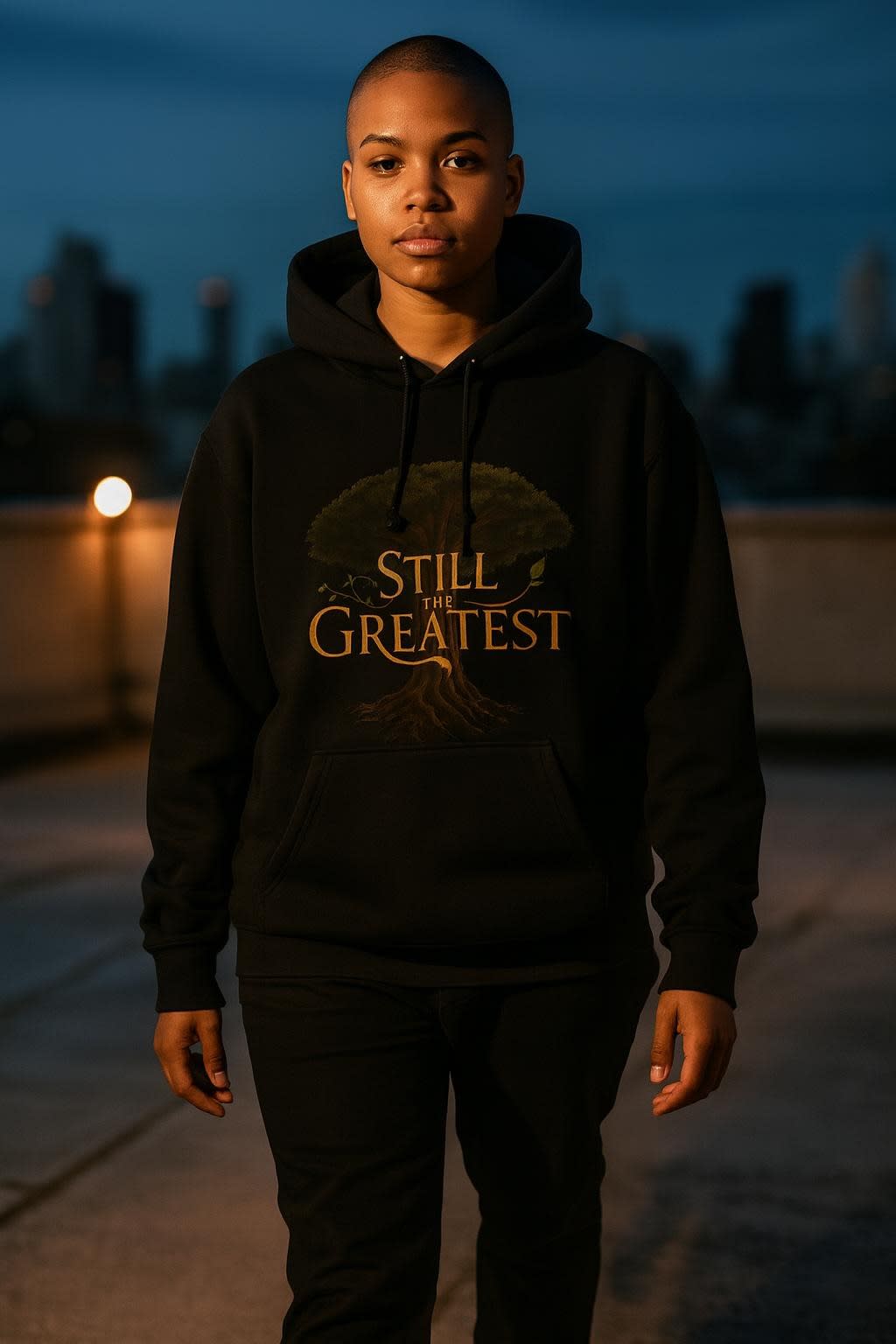STILL THE GREATEST worn on the college hoodie, full view