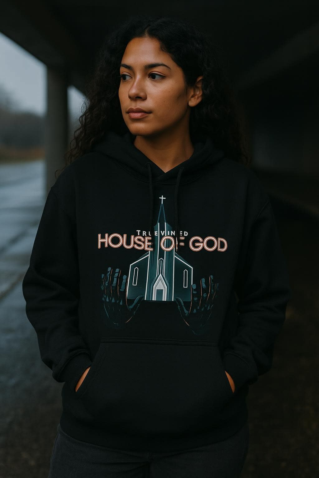 House of God worn on the college hoodie, front view
