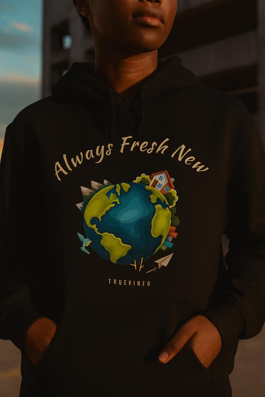 Always Fresh New worn on the college hoodie, detail view