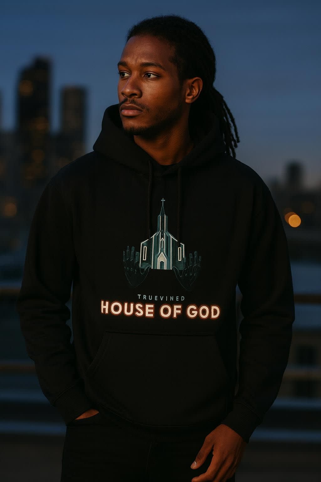 House of God worn on the college hoodie, front view