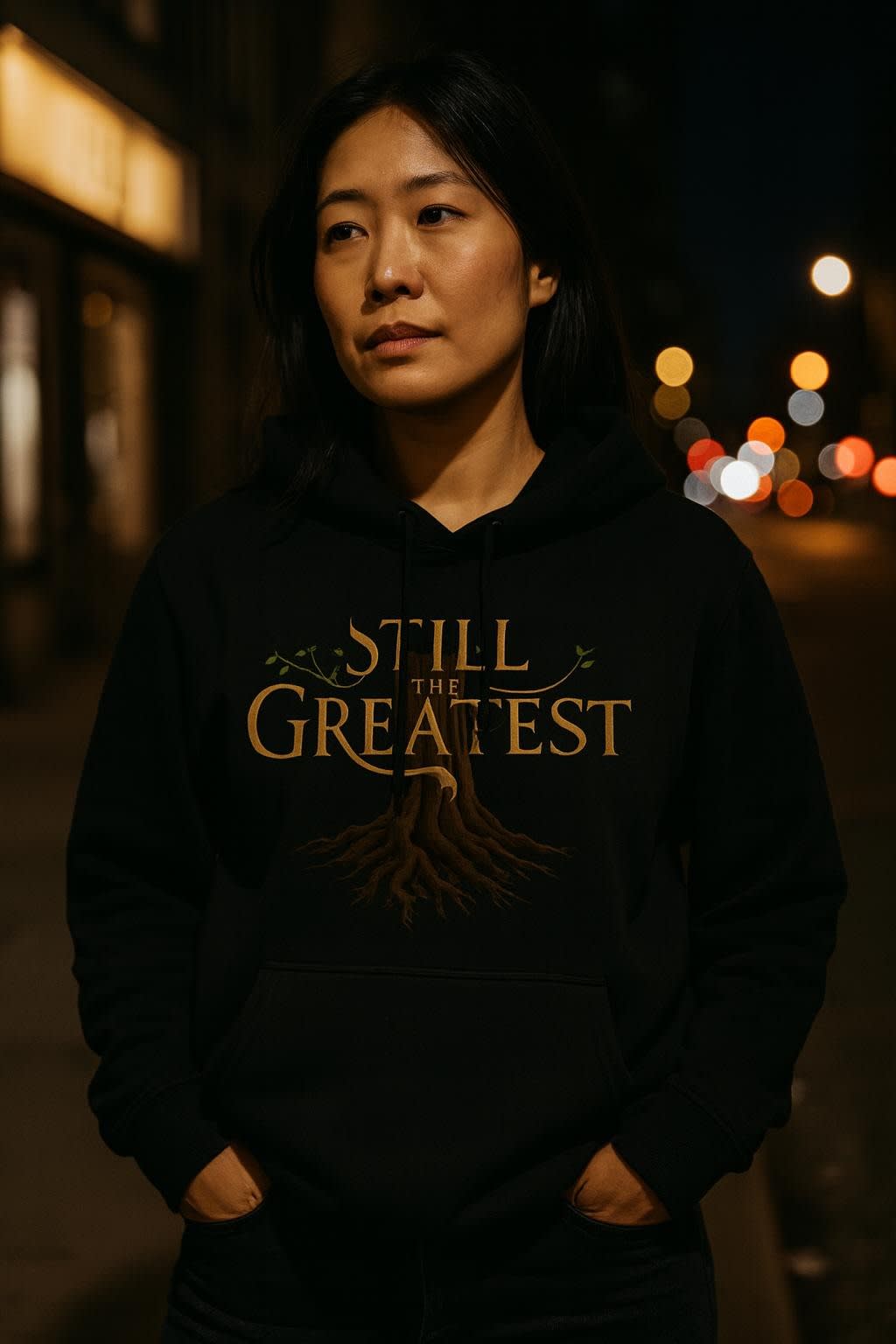 STILL THE GREATEST worn on the college hoodie, front view