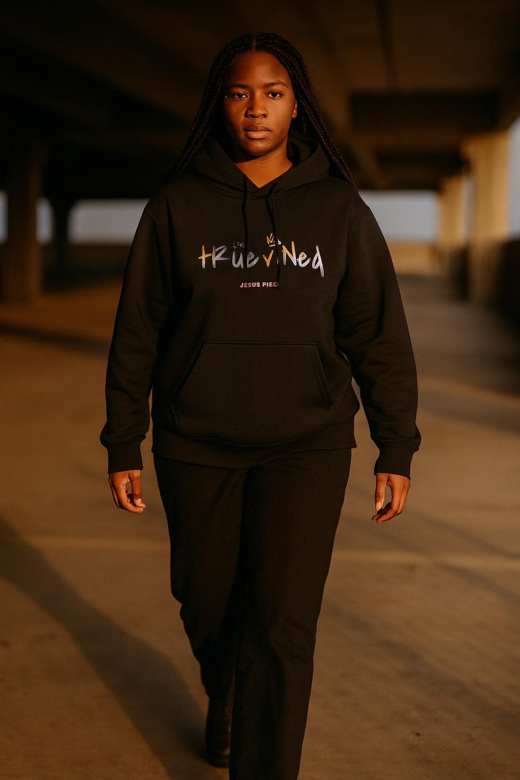 Jesus Piece worn on the college hoodie, full view