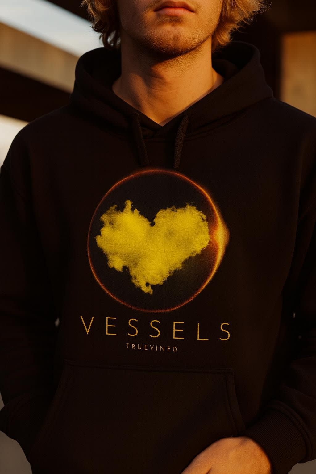 Vessels worn on the college hoodie, detail view