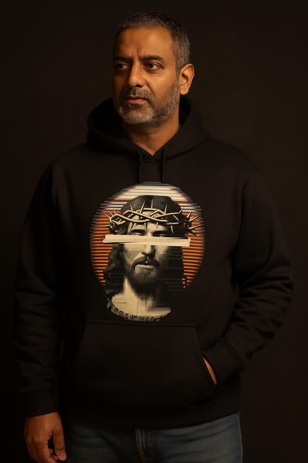 Lofi King worn on the college hoodie, front view