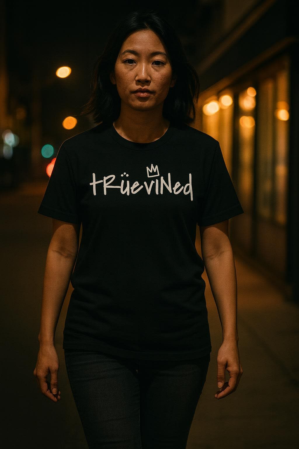 Truevined wordmark worn on the classic tee