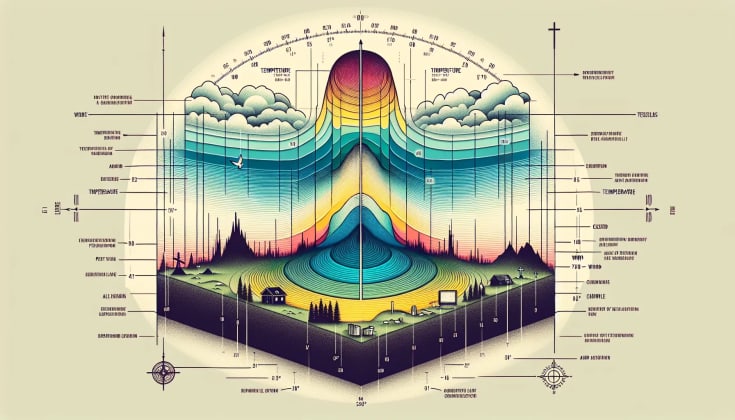 Skew-T Log-P diagram components visualization: A colorful diagram showing the various lines and components like pressure lines, temperature lines, moisture lines, and wind barbs, each clearly labeled.