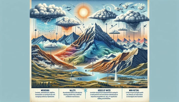 Local forecast adjustment methods - A visual representation of how local adjustments are made to weather forecasts, taking into account terrain effects, urban impacts, and other local factors.