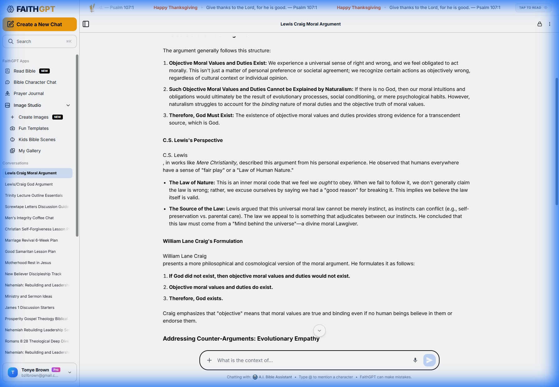 FaithGPT summarizing the Moral Argument for God